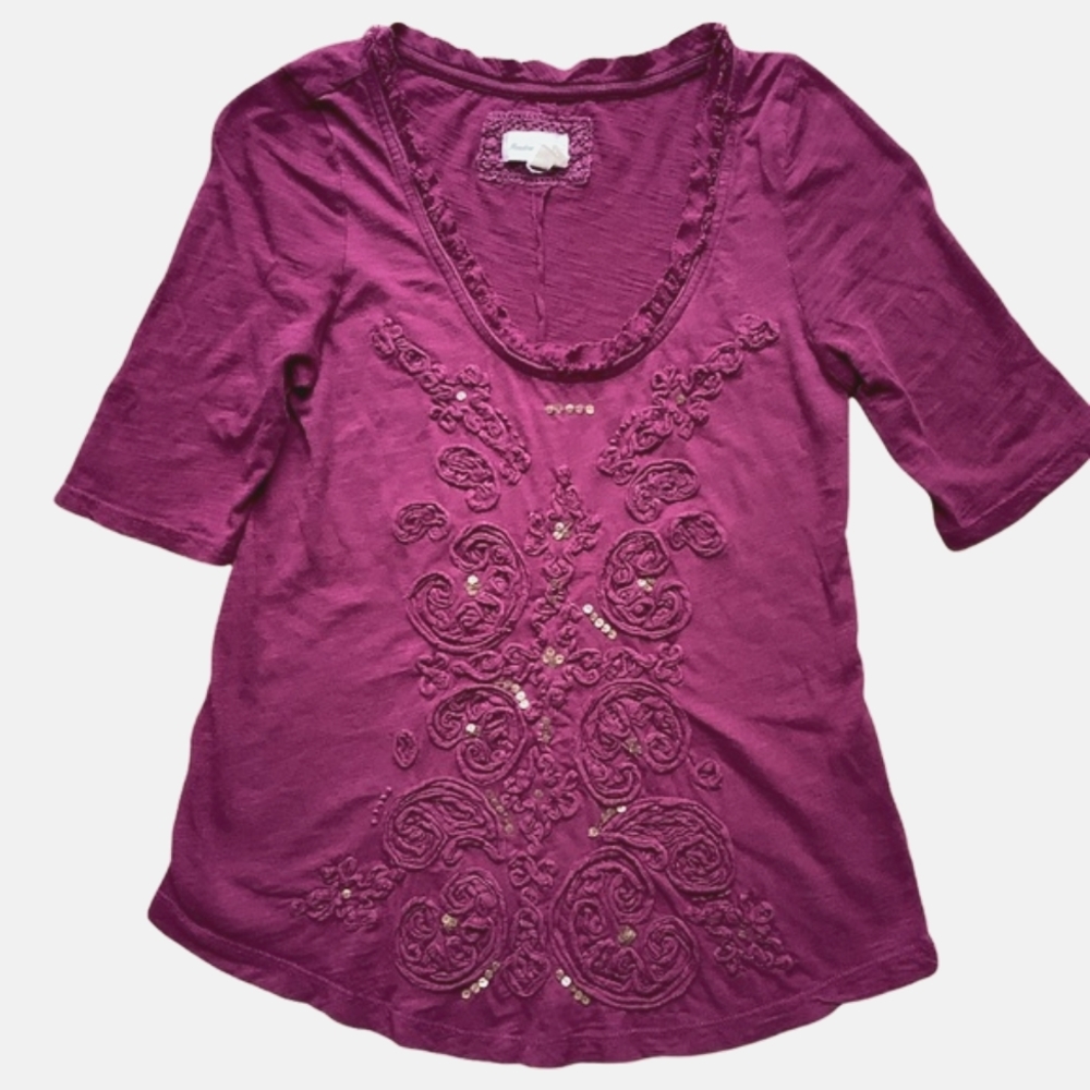 Anthropologie Meadow Rue Plum Top with 3/4 Sleeves Size Extra Small